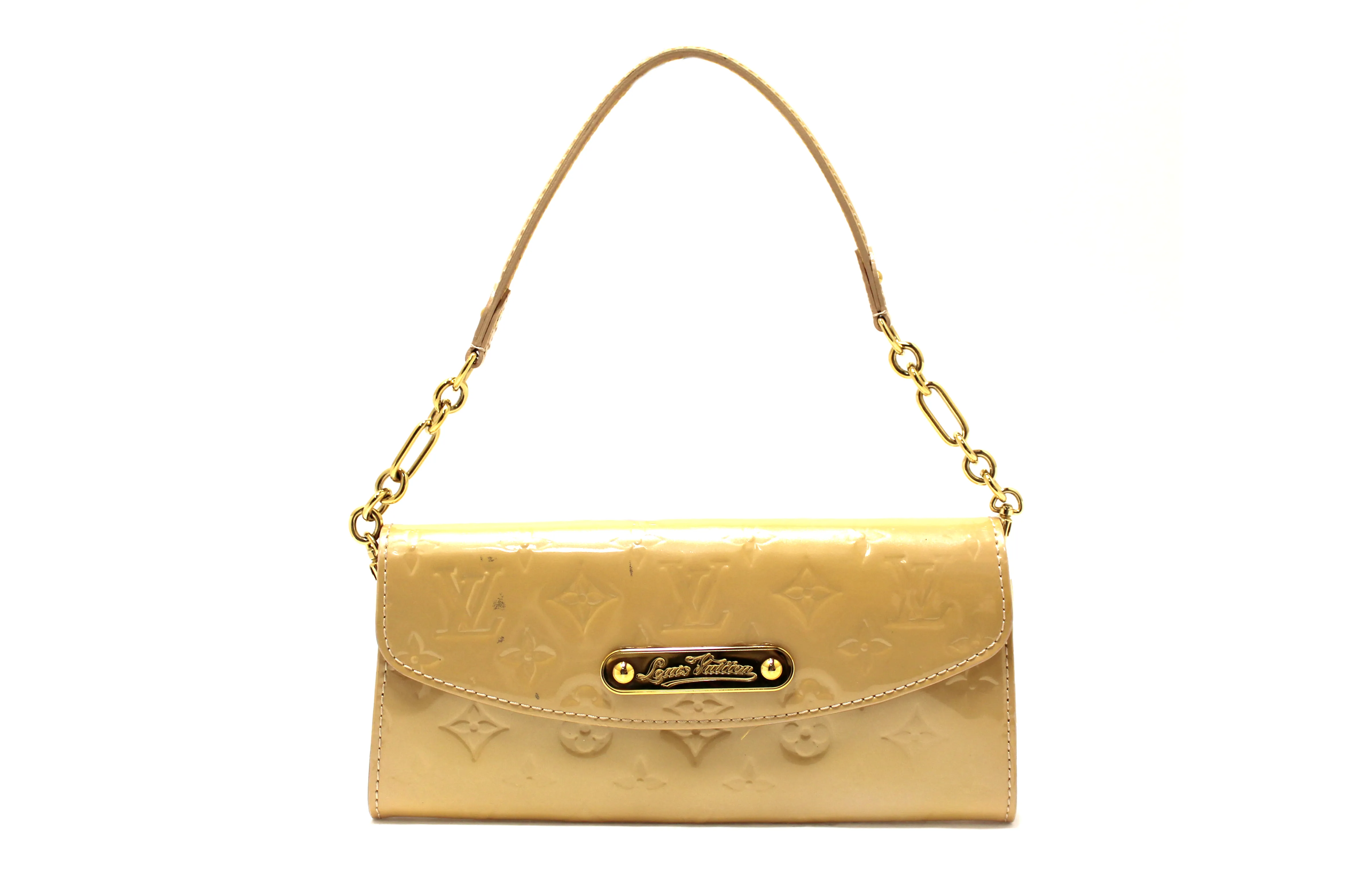 Authentic Louis Vuitton Vernis Monogram Beige Sunset Boulevard Clutch Shoulder Bag