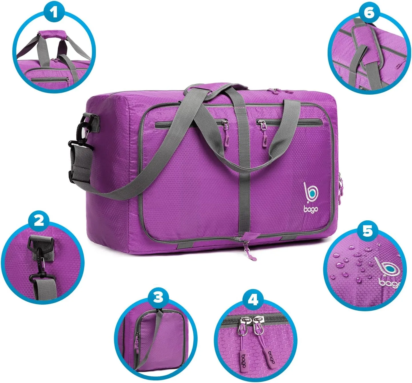 Bago Foldable Duffel Bags for Traveling Women & Men - 40L Sports Packable Duffle Bag for Travel with Shoe Compartment - Water Repellant, Heavy Duty, Lightweight Folding & Collapsible (Purple)