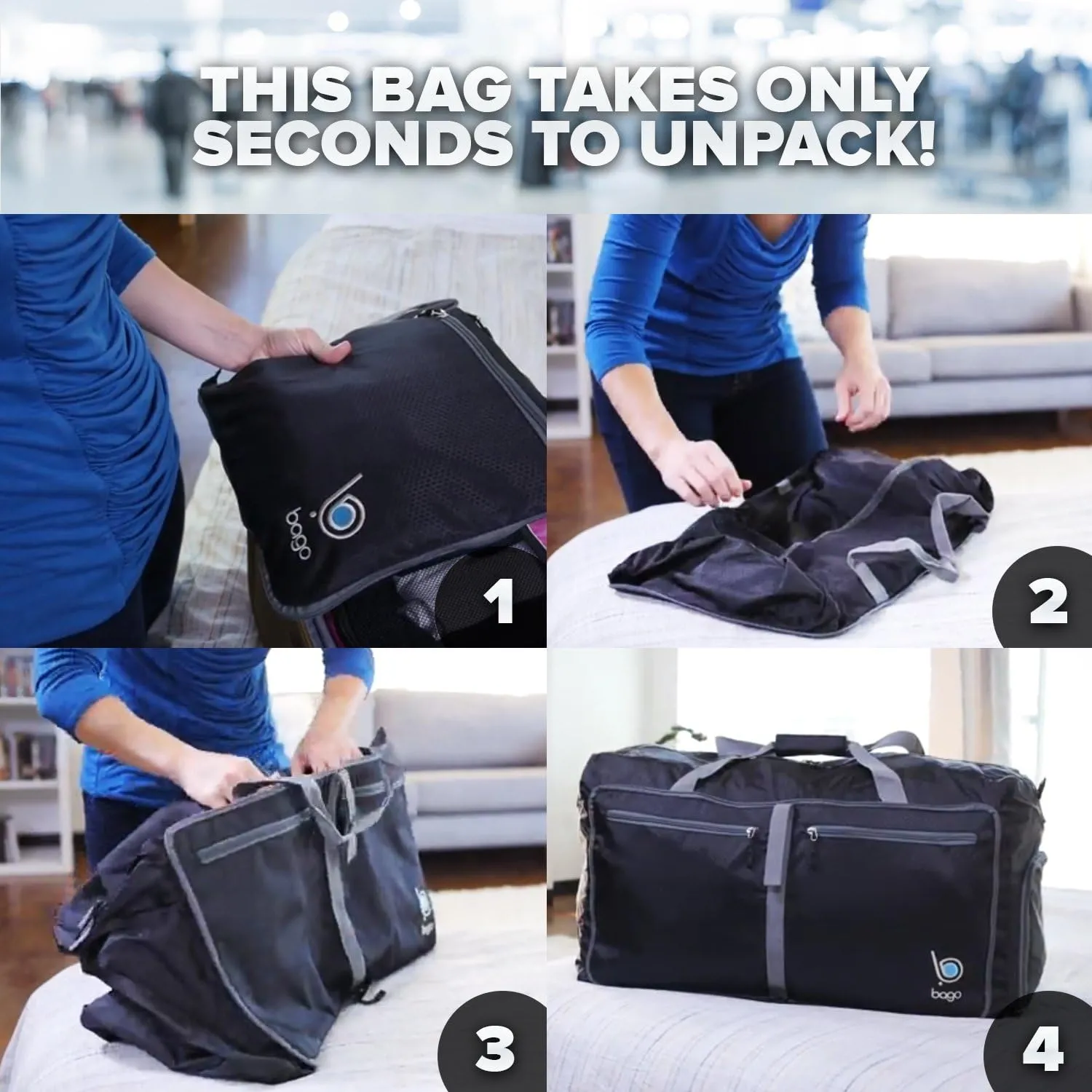 Bago Foldable Duffel Bags for Traveling Women & Men - 40L Sports Packable Duffle Bag for Travel with Shoe Compartment - Water Repellant, Heavy Duty, Lightweight Folding & Collapsible (Purple)