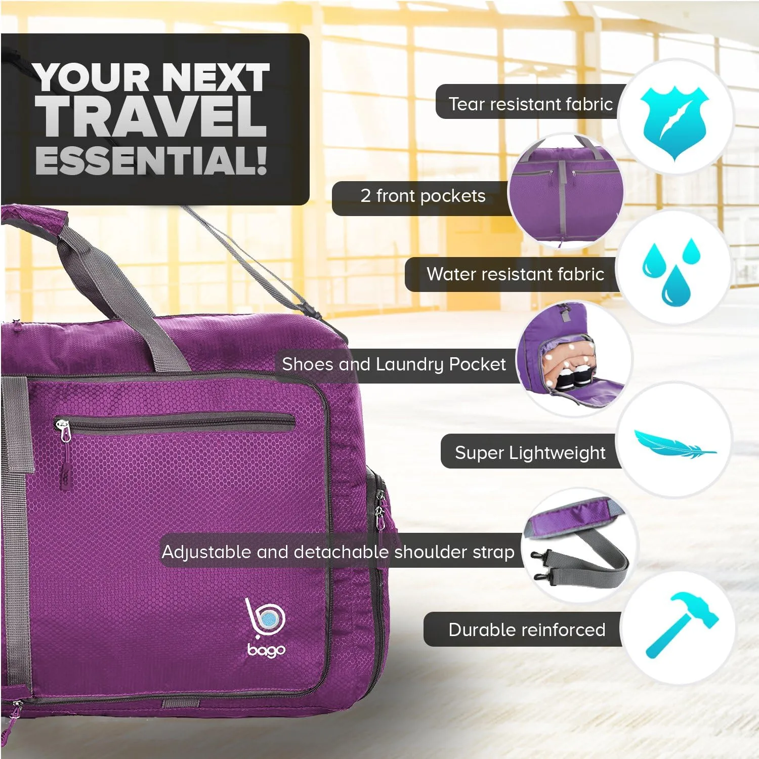 Bago Foldable Duffel Bags for Traveling Women & Men - 40L Sports Packable Duffle Bag for Travel with Shoe Compartment - Water Repellant, Heavy Duty, Lightweight Folding & Collapsible (Purple)