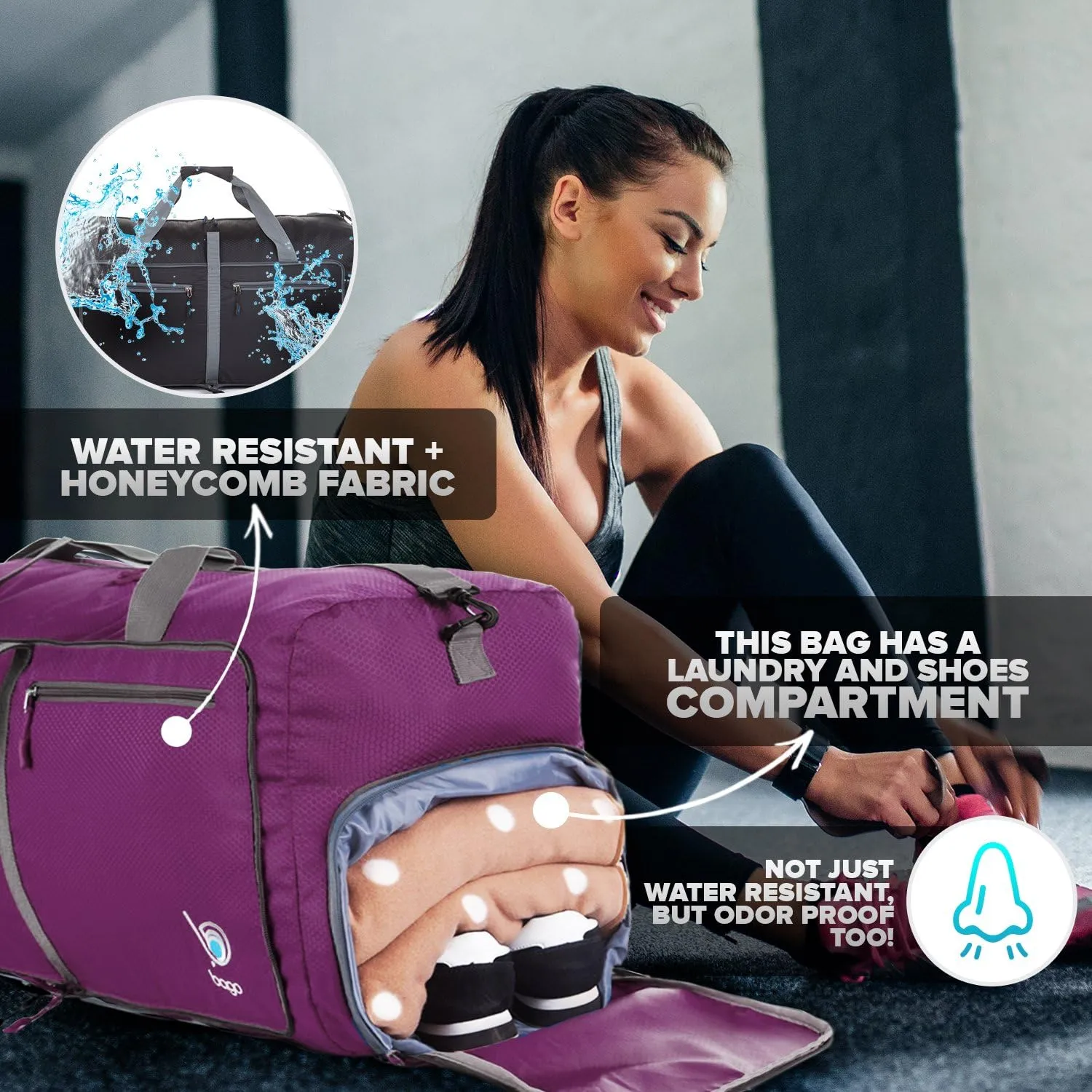 Bago Foldable Duffel Bags for Traveling Women & Men - 40L Sports Packable Duffle Bag for Travel with Shoe Compartment - Water Repellant, Heavy Duty, Lightweight Folding & Collapsible (Purple)