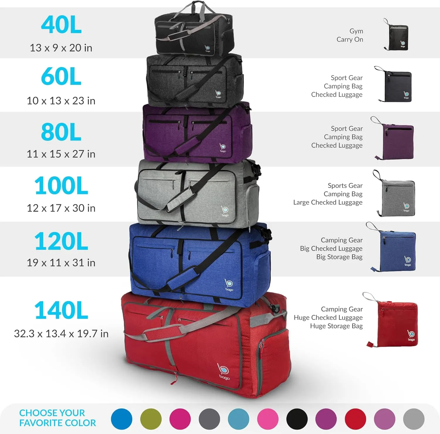 Bago Foldable Duffel Bags for Traveling Women & Men - 40L Sports Packable Duffle Bag for Travel with Shoe Compartment - Water Repellant, Heavy Duty, Lightweight Folding & Collapsible (Purple)