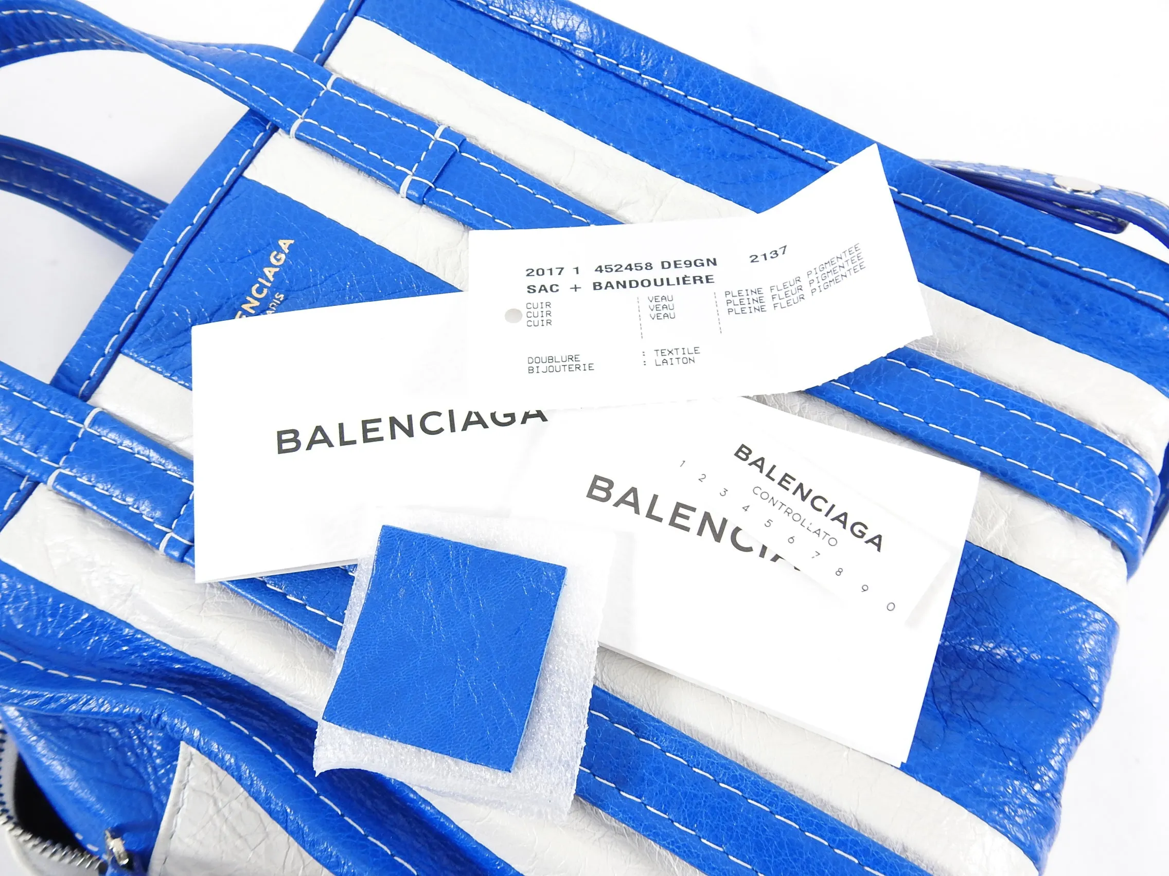 Balenciaga Bazar XS Blue and White Striped Tote Bag