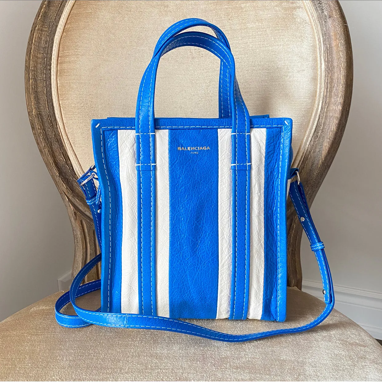 Balenciaga Bazar XS Blue and White Striped Tote Bag