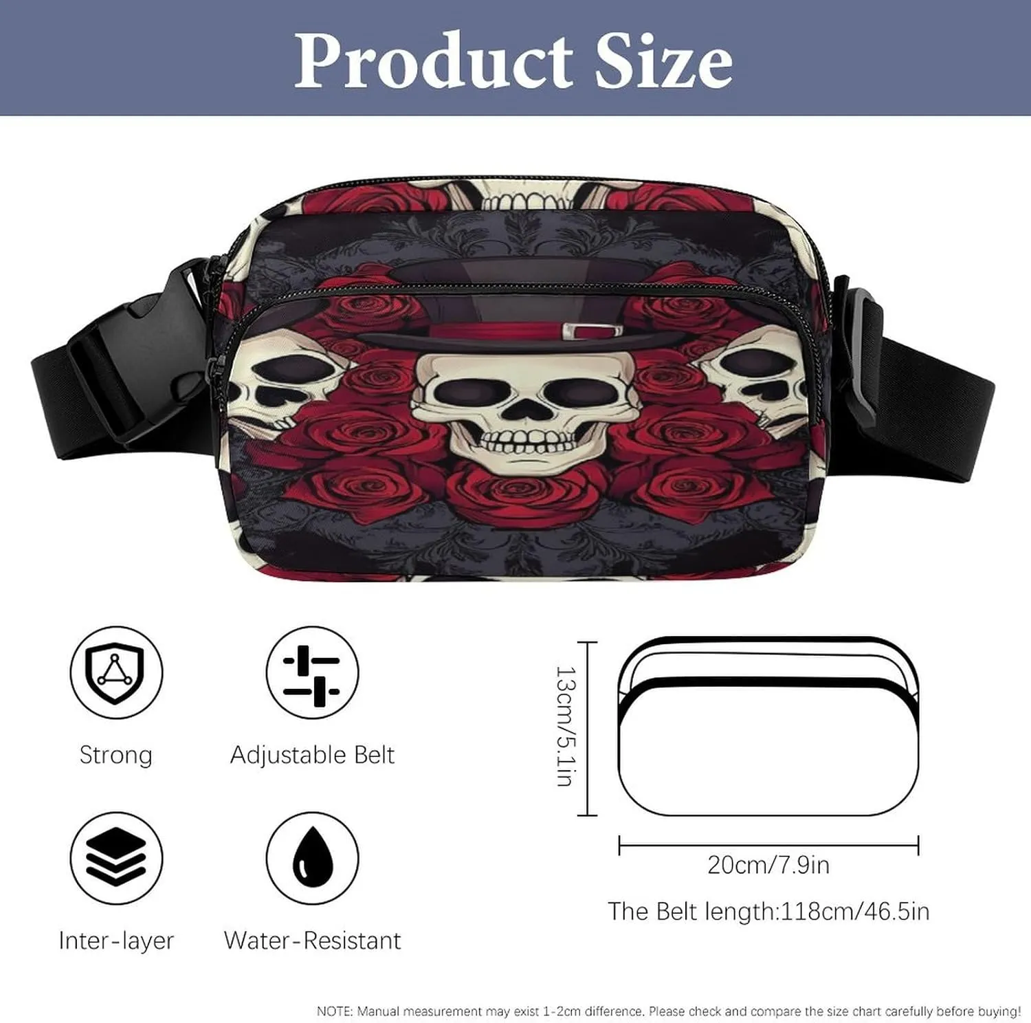Belt Bag for Women Men Unisex, Large Capacity Red Roses Magic Hat Skeleton Day of The Dead Sugar Skulls Fanny Packs for Workout Running Travel Shopping