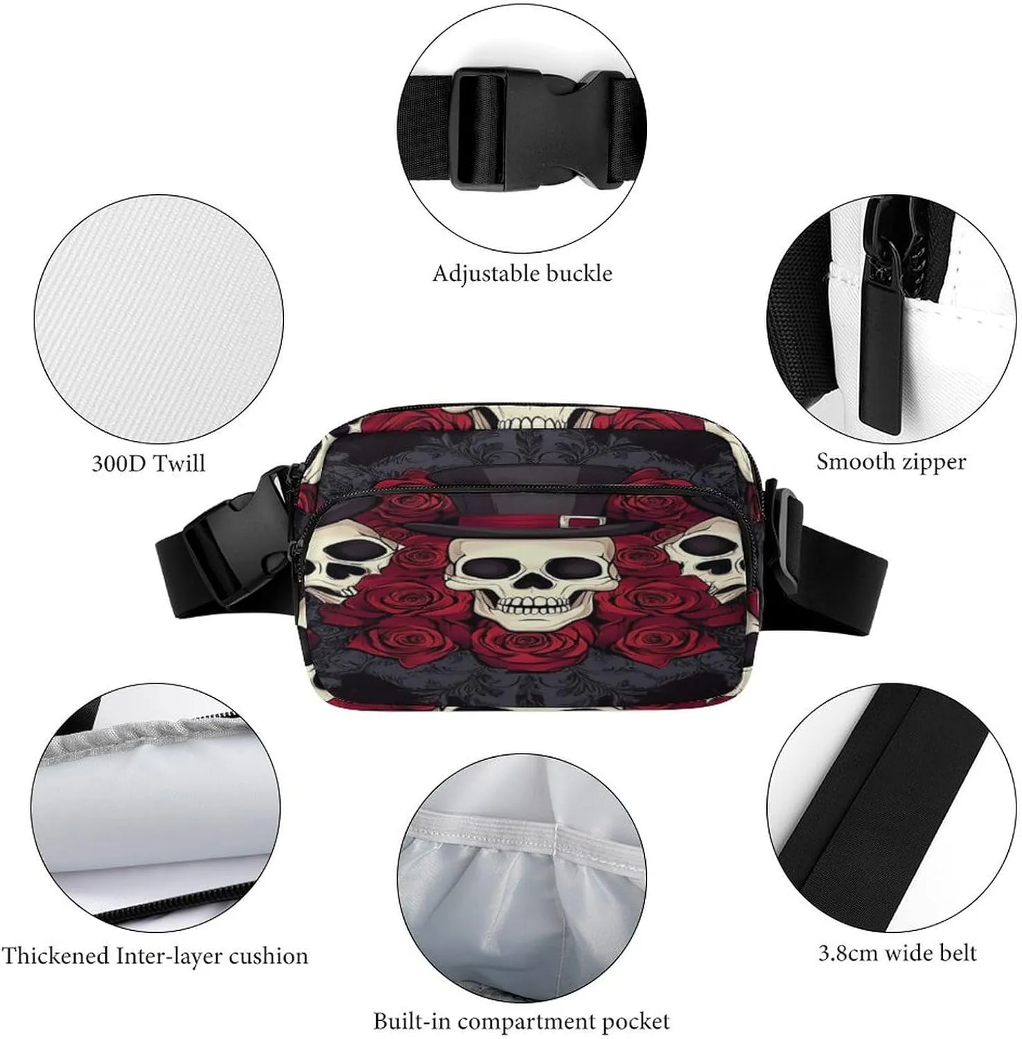 Belt Bag for Women Men Unisex, Large Capacity Red Roses Magic Hat Skeleton Day of The Dead Sugar Skulls Fanny Packs for Workout Running Travel Shopping