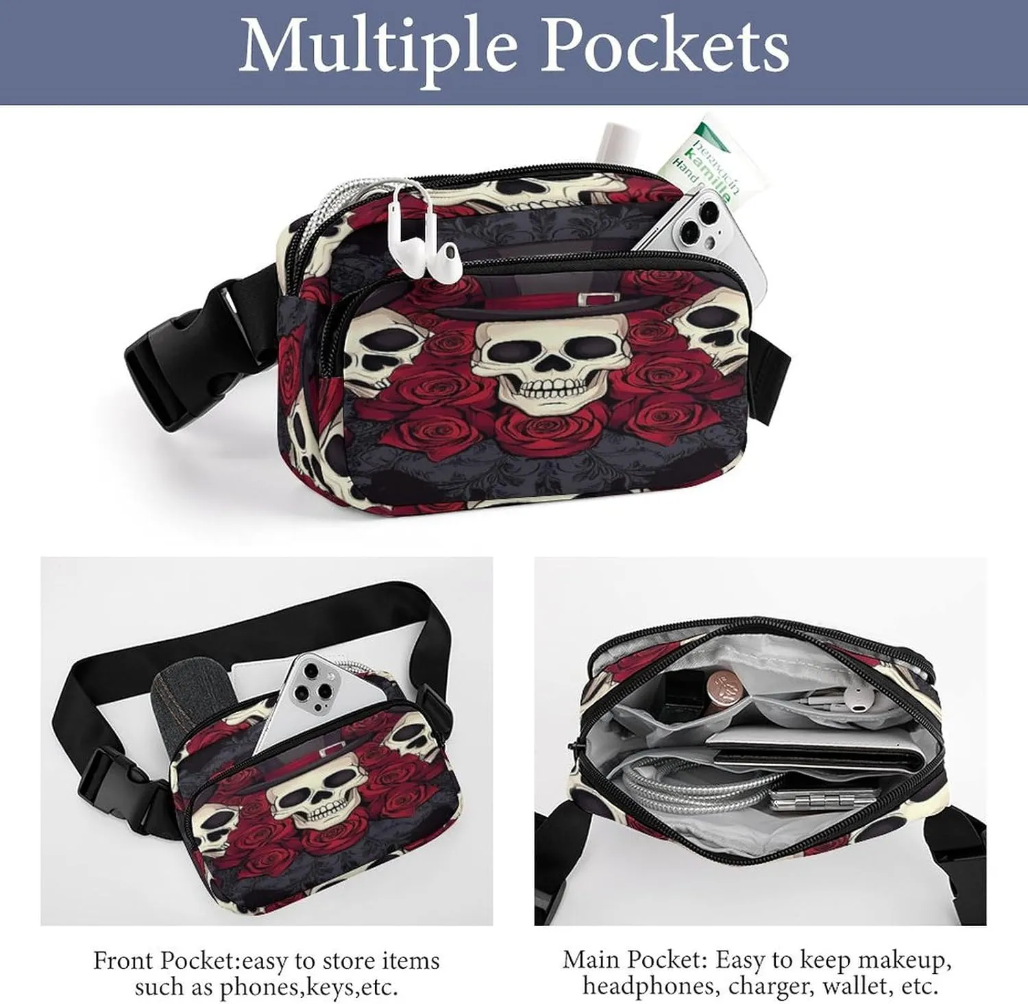Belt Bag for Women Men Unisex, Large Capacity Red Roses Magic Hat Skeleton Day of The Dead Sugar Skulls Fanny Packs for Workout Running Travel Shopping