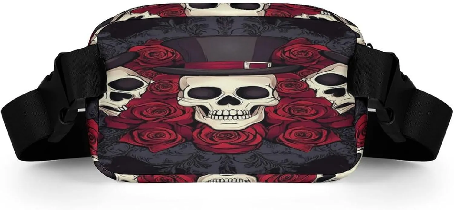 Belt Bag for Women Men Unisex, Large Capacity Red Roses Magic Hat Skeleton Day of The Dead Sugar Skulls Fanny Packs for Workout Running Travel Shopping