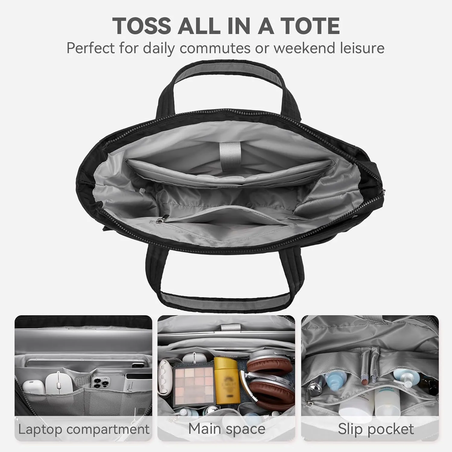 BOSTANTEN Puffer Tote Bag for Women Travel Tote Bag with Trolley Sleeve Lightweight Quilted Laptop Nurse Bag with Zipper