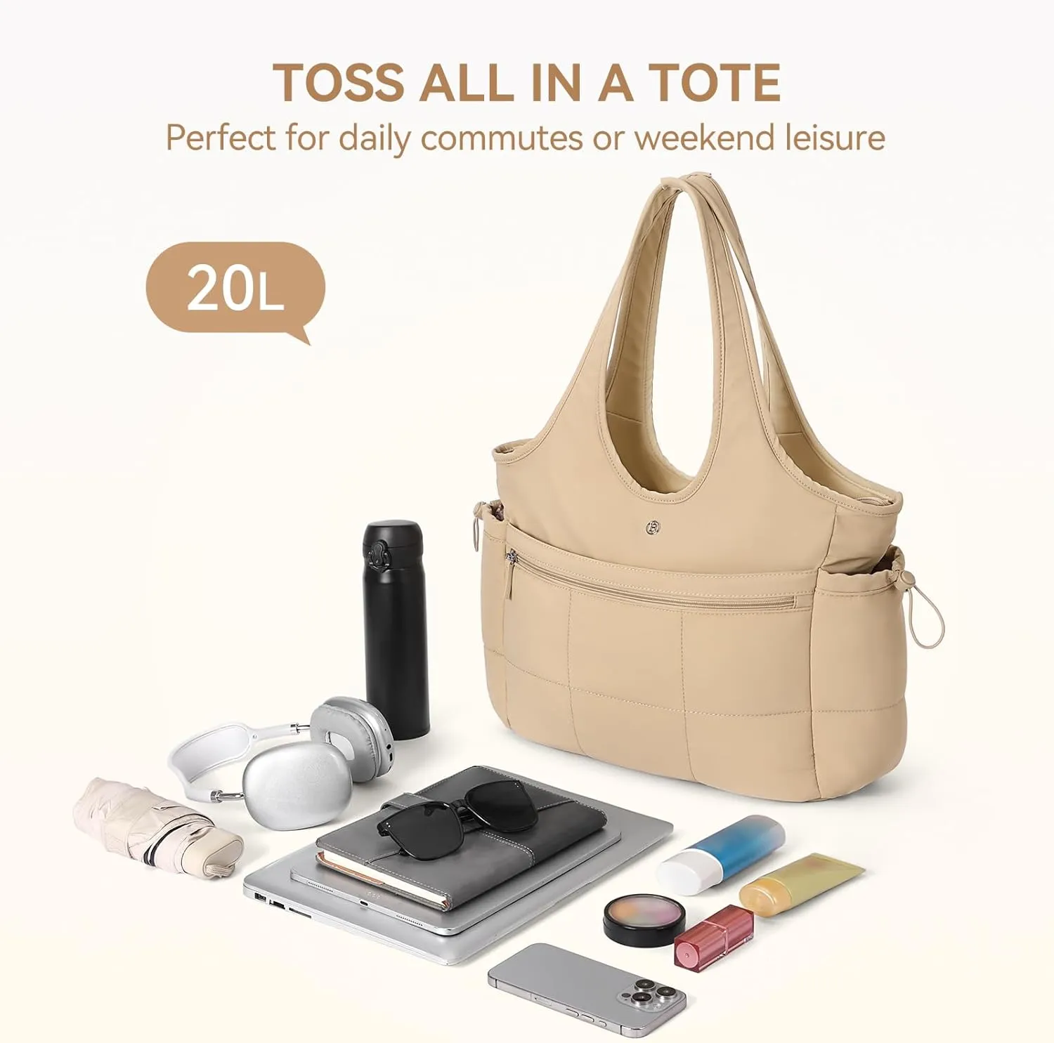 BOSTANTEN Puffer Tote Bag for Women Travel Tote Bag with Trolley Sleeve Lightweight Quilted Laptop Nurse Bag with Zipper