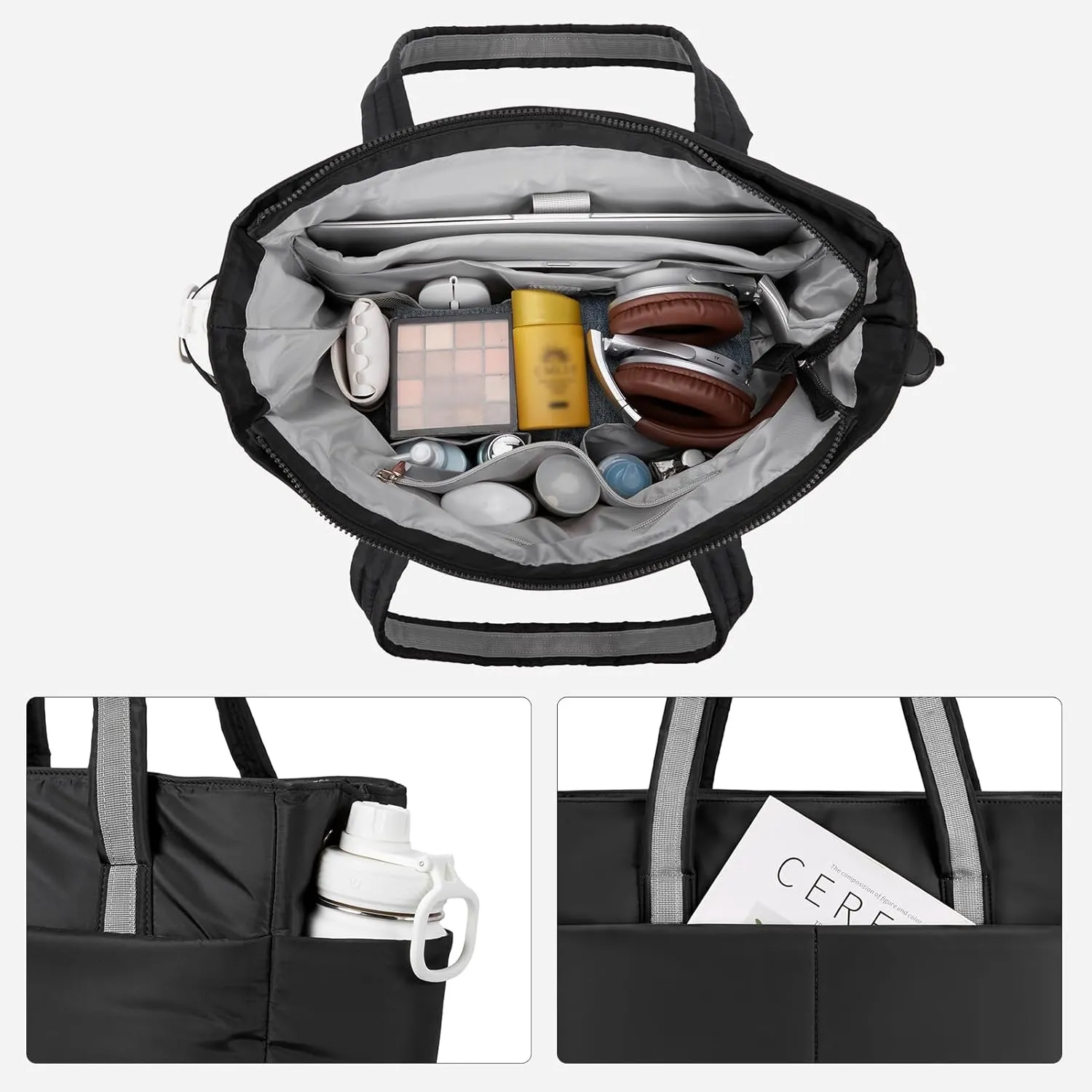 BOSTANTEN Puffer Tote Bag for Women Travel Tote Bag with Trolley Sleeve Lightweight Quilted Laptop Nurse Bag with Zipper