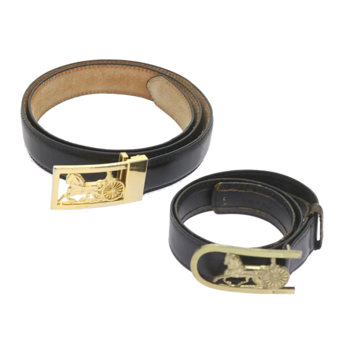 CELINE Horse Carriage Belt Leather 2Set Black Auth bs9815