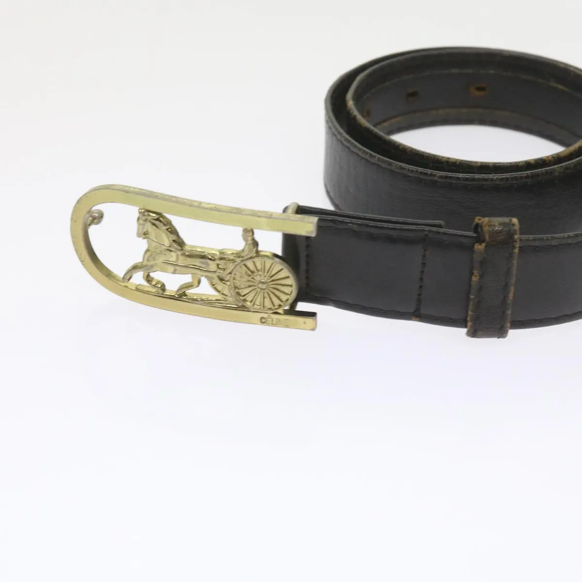 CELINE Horse Carriage Belt Leather 2Set Black Auth bs9815
