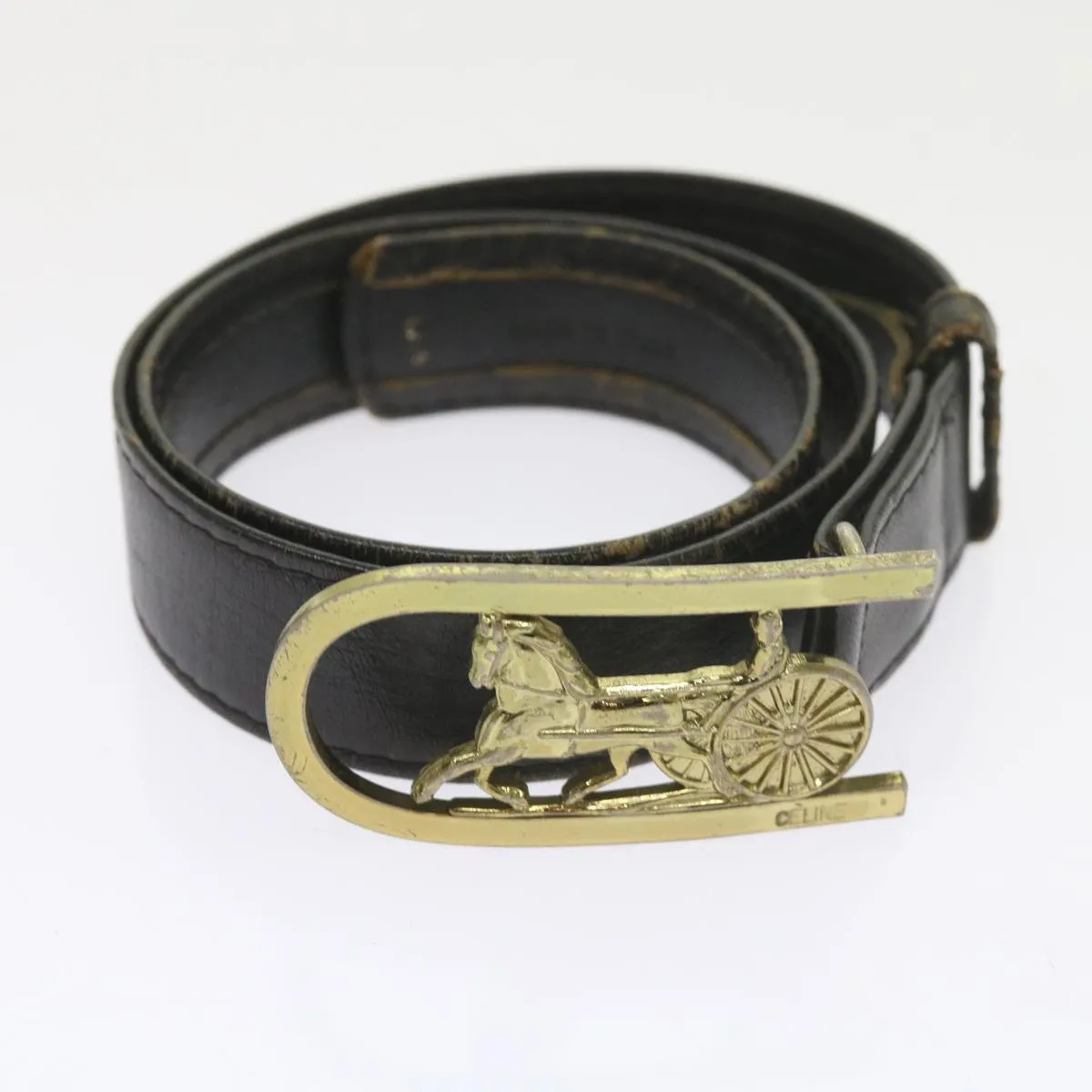 CELINE Horse Carriage Belt Leather 2Set Black Auth bs9815