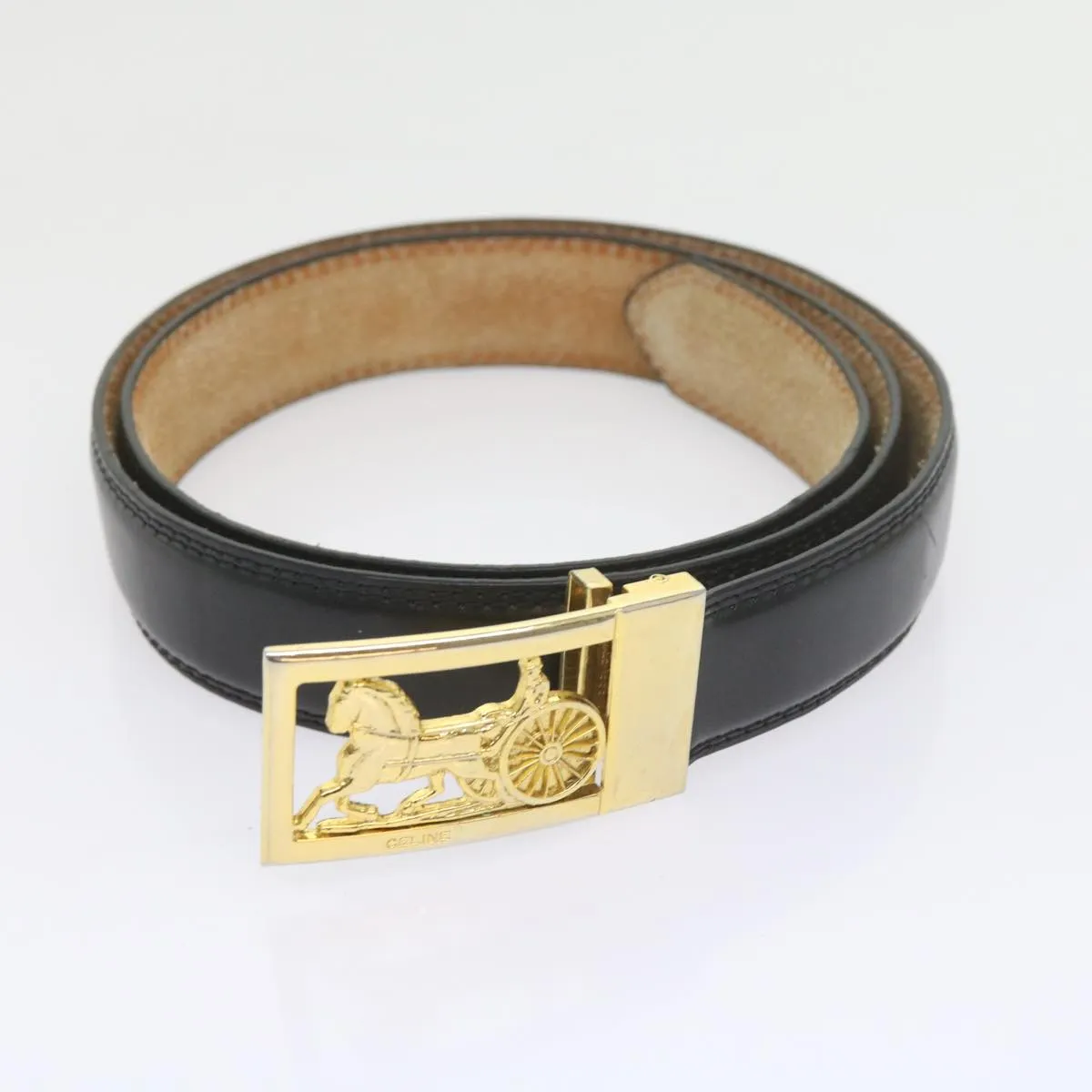 CELINE Horse Carriage Belt Leather 2Set Black Auth bs9815