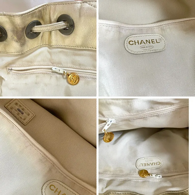 Chanel Vintage Campaign Gold Lamb Leather Hobo Bucket Bag With Marble Hoop Handles And Turn Lock Cc