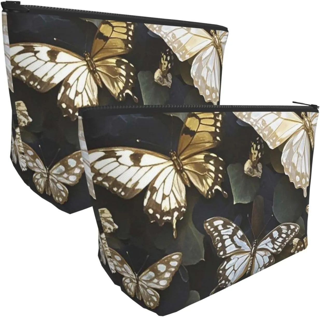 Cosmetic Bag Portable Makeup Bag Gold White Butterflies Black Toiletry Bag Large Capacity Zipper Pouch Waterproof Toiletry Pouch Makeup Organizer Case for Women Men