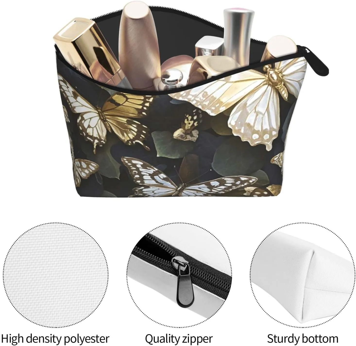 Cosmetic Bag Portable Makeup Bag Gold White Butterflies Black Toiletry Bag Large Capacity Zipper Pouch Waterproof Toiletry Pouch Makeup Organizer Case for Women Men
