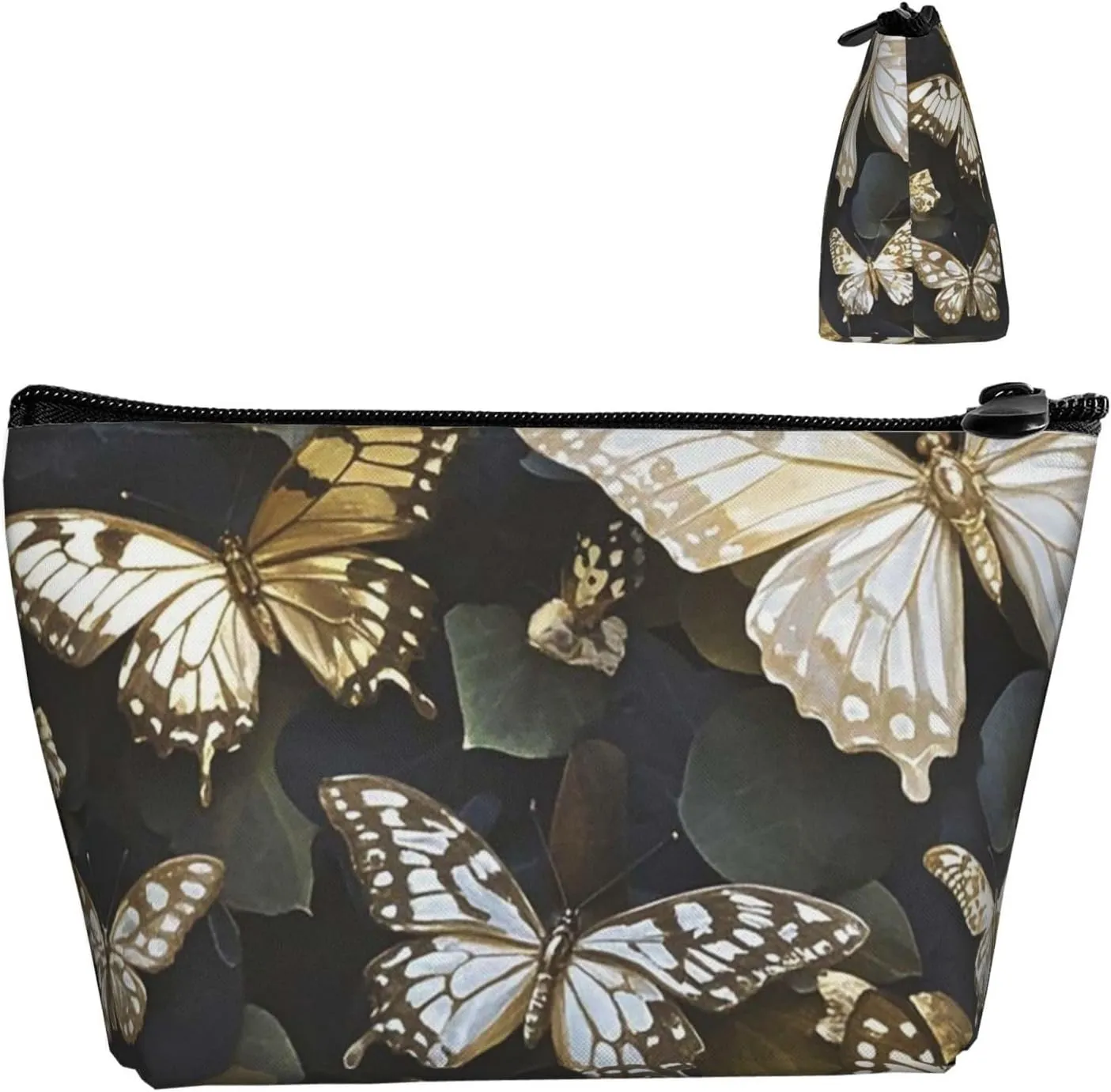 Cosmetic Bag Portable Makeup Bag Gold White Butterflies Black Toiletry Bag Large Capacity Zipper Pouch Waterproof Toiletry Pouch Makeup Organizer Case for Women Men