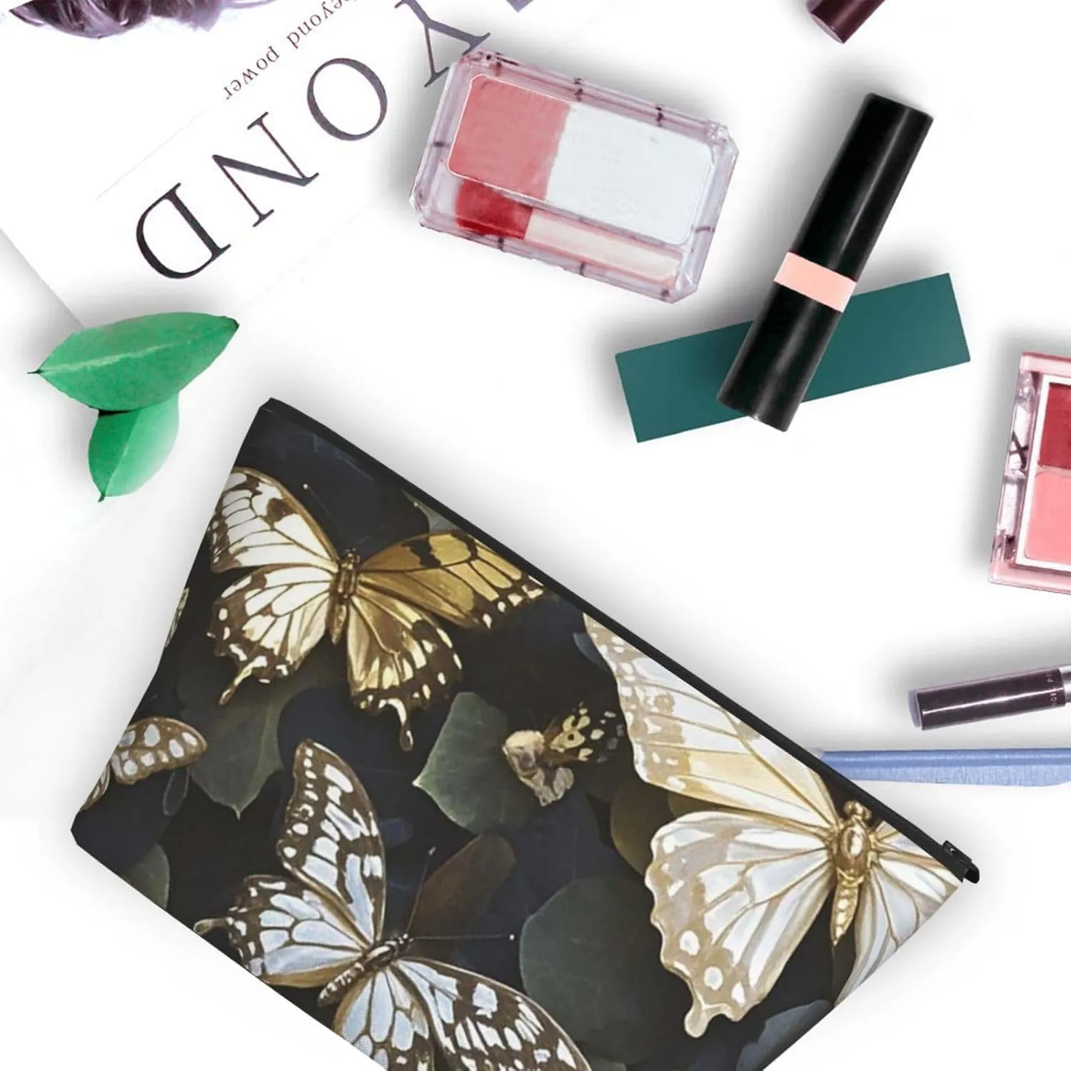 Cosmetic Bag Portable Makeup Bag Gold White Butterflies Black Toiletry Bag Large Capacity Zipper Pouch Waterproof Toiletry Pouch Makeup Organizer Case for Women Men