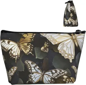 Cosmetic Bag Portable Makeup Bag Gold White Butterflies Black Toiletry Bag Large Capacity Zipper Pouch Waterproof Toiletry Pouch Makeup Organizer Case for Women Men