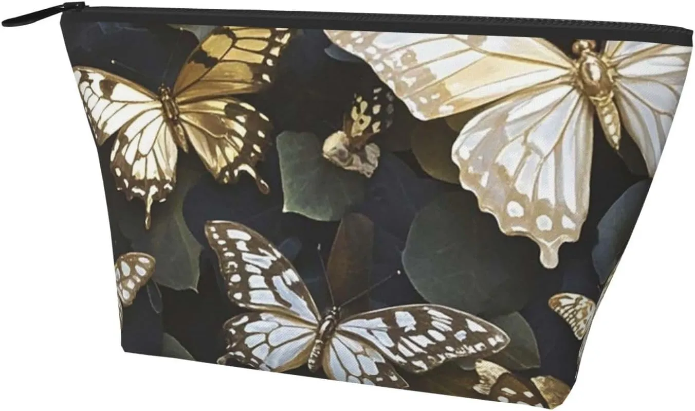 Cosmetic Bag Portable Makeup Bag Gold White Butterflies Black Toiletry Bag Large Capacity Zipper Pouch Waterproof Toiletry Pouch Makeup Organizer Case for Women Men