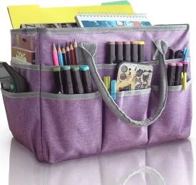 Cupohus Art Organizer Craft Storage Tote Bag with Pockets and Handles, Oxford Fabric Carrying Caddy for Teacher, Officer, Artist, Traveler, and more Purple