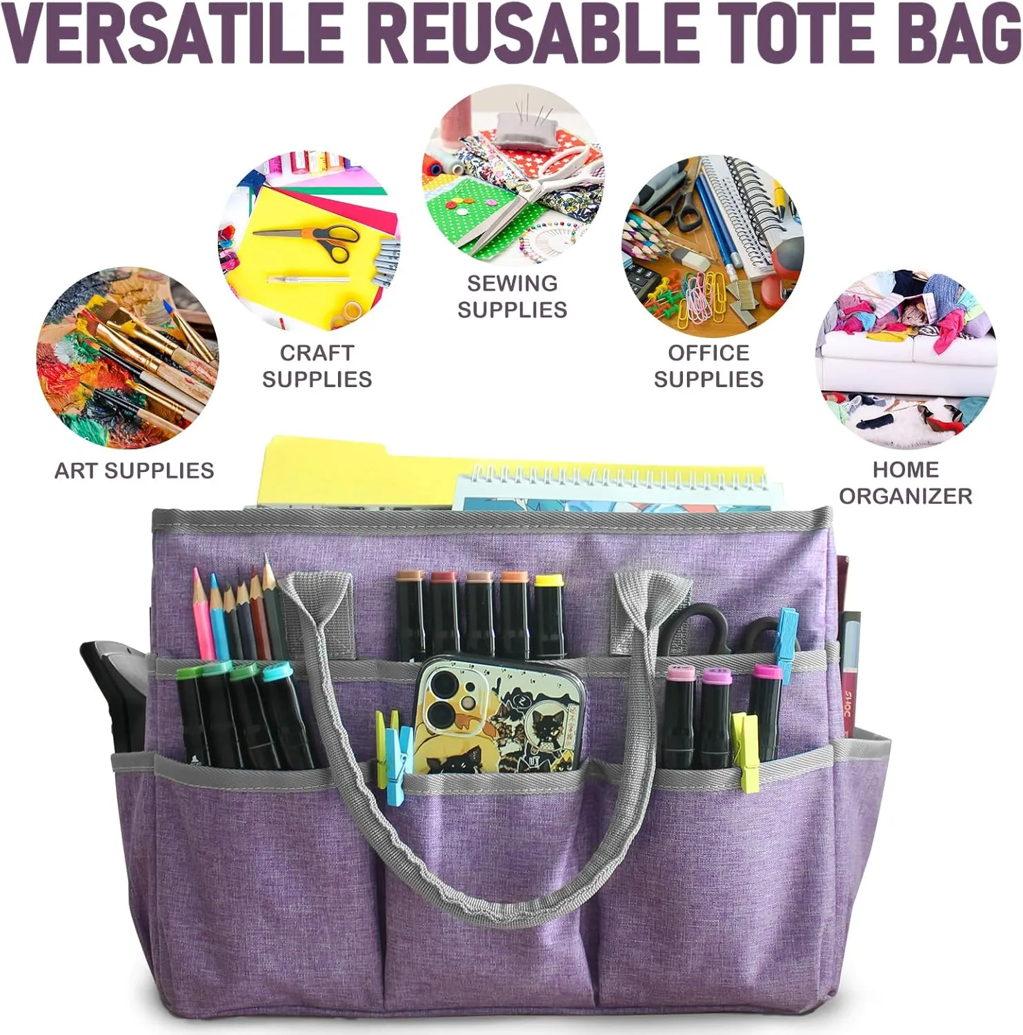 Cupohus Art Organizer Craft Storage Tote Bag with Pockets and Handles, Oxford Fabric Carrying Caddy for Teacher, Officer, Artist, Traveler, and more Purple