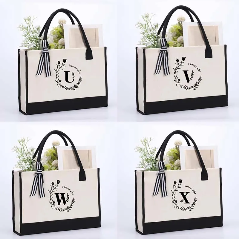 Custom Initial Floral Canvas Tote Shopping Travel Handbag