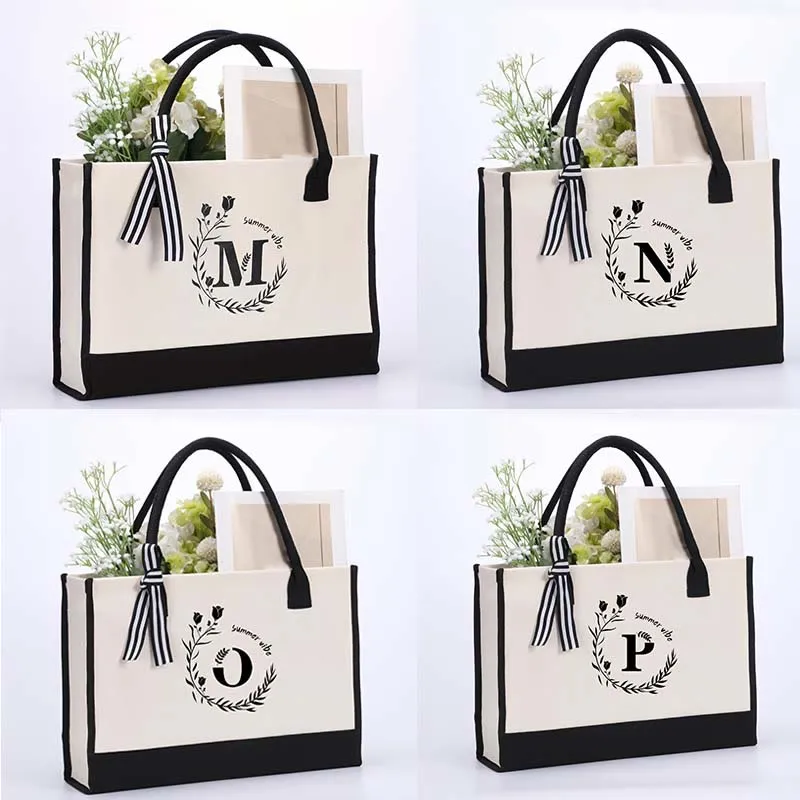 Custom Initial Floral Canvas Tote Shopping Travel Handbag