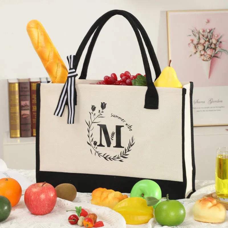 Custom Initial Floral Canvas Tote Shopping Travel Handbag