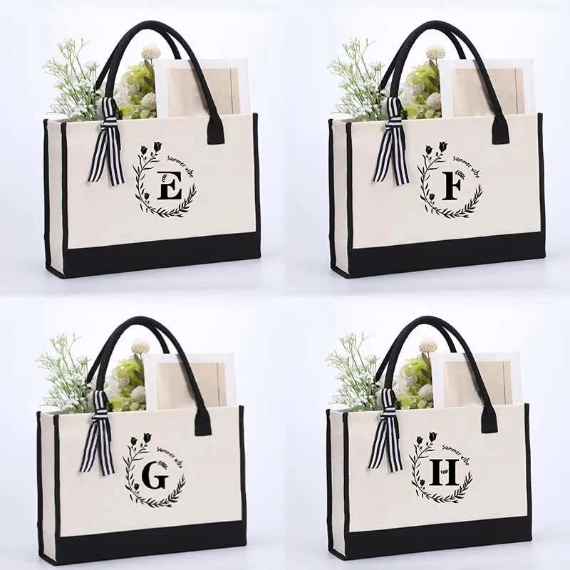 Custom Initial Floral Canvas Tote Shopping Travel Handbag