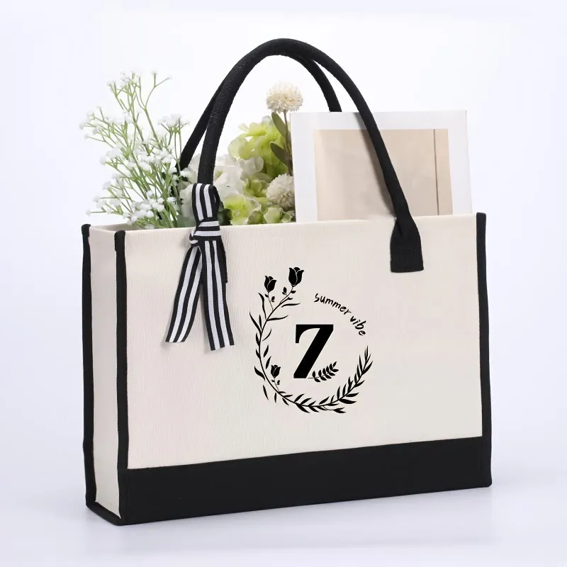 Custom Initial Floral Canvas Tote Shopping Travel Handbag