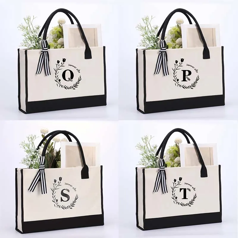 Custom Initial Floral Canvas Tote Shopping Travel Handbag