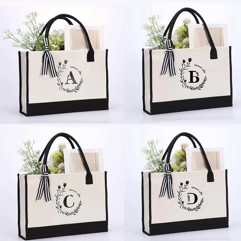 Custom Initial Floral Canvas Tote Shopping Travel Handbag