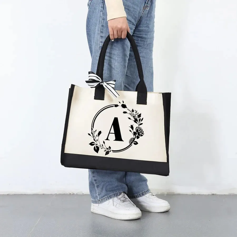 Custom Initial Floral Canvas Tote Shopping Travel Handbag