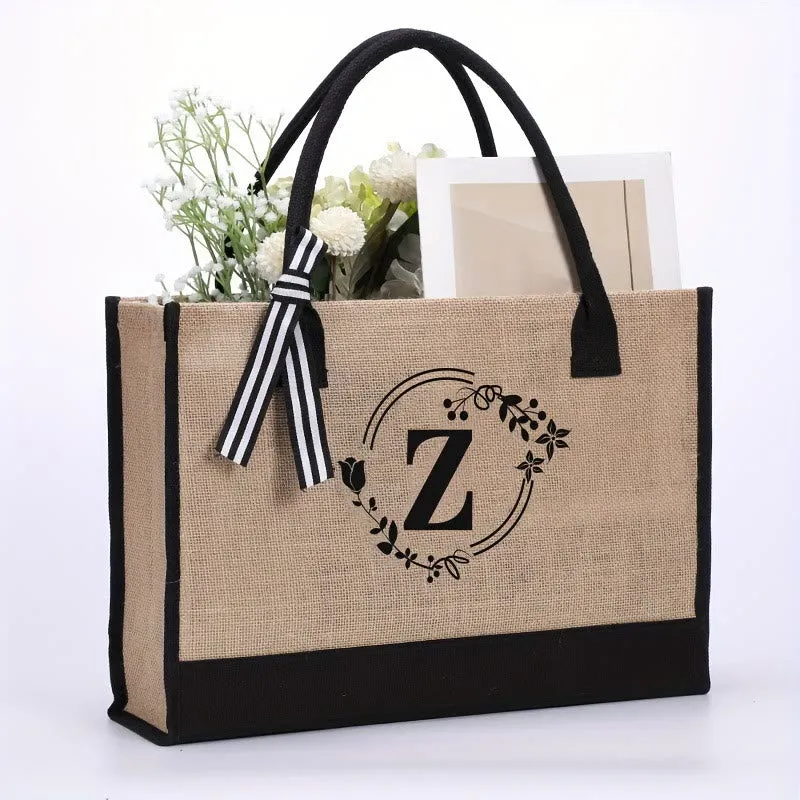 Custom Initial Floral Canvas Tote Shopping Travel Handbag