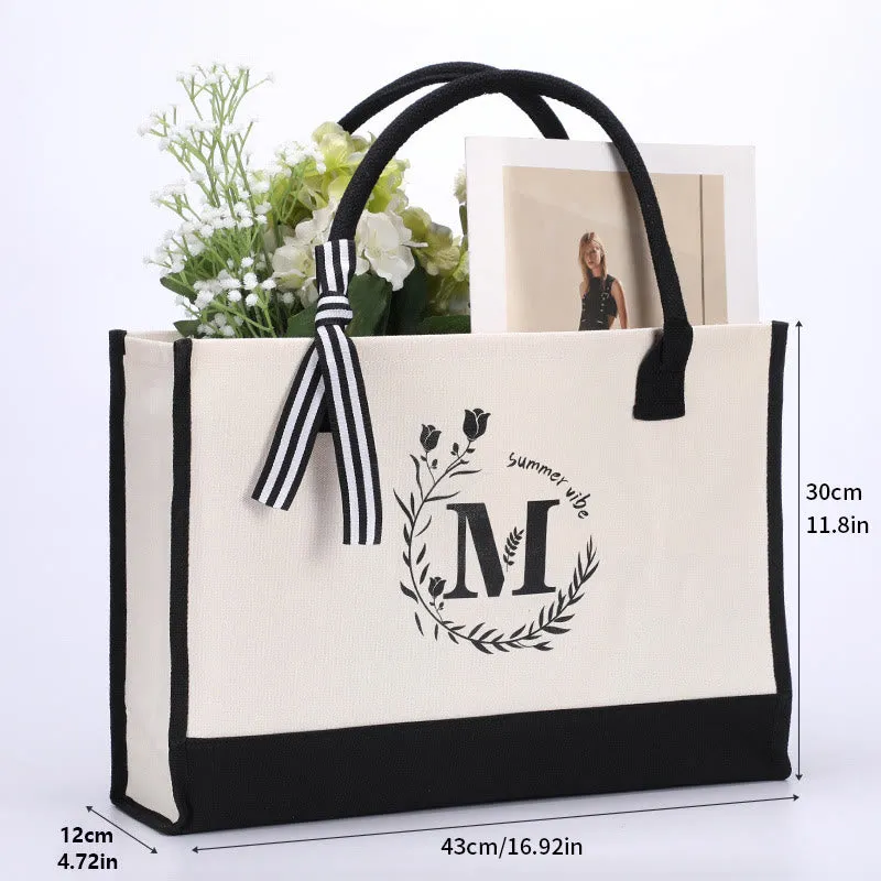 Custom Initial Floral Canvas Tote Shopping Travel Handbag
