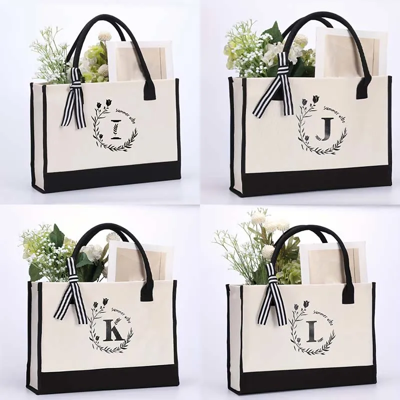 Custom Initial Floral Canvas Tote Shopping Travel Handbag
