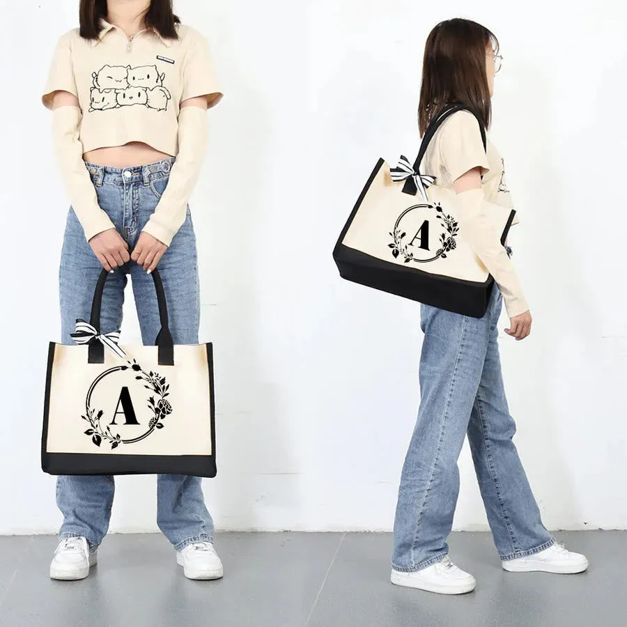 Custom Initial Floral Canvas Tote Shopping Travel Handbag