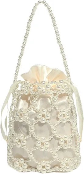Cute Crossbody Bag Pearl Purse, Fashion Sling Handmade Pearl Beaded y2k Handbags Chic Ladies Hobo Beaded Shoulder Bag (Cream)