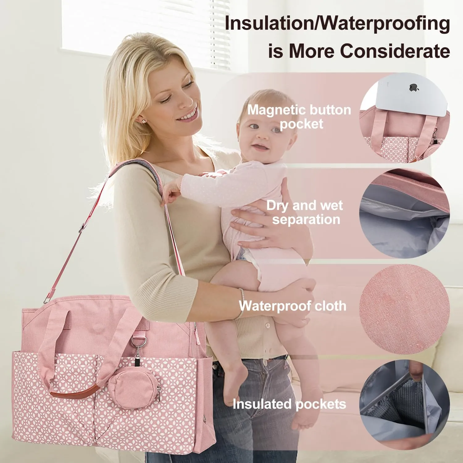 Diaper Bag Tote, Large Diaper Bag with Pacifier Case Travel Diaper Tote for Mom with Changing Station Multifunction