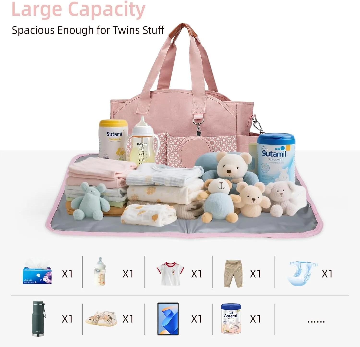 Diaper Bag Tote, Large Diaper Bag with Pacifier Case Travel Diaper Tote for Mom with Changing Station Multifunction