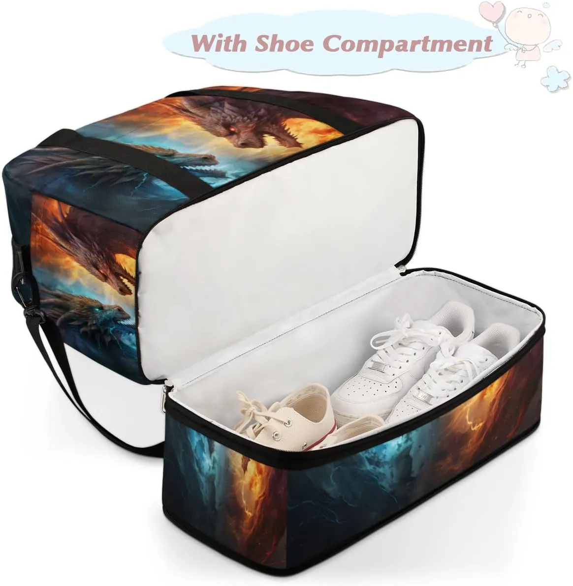 Dragon Fire and Water Foldable Travel Duffel Bag Overnight Weekender Bag with Shoes Compartment Sports Gym Bag for Men Women