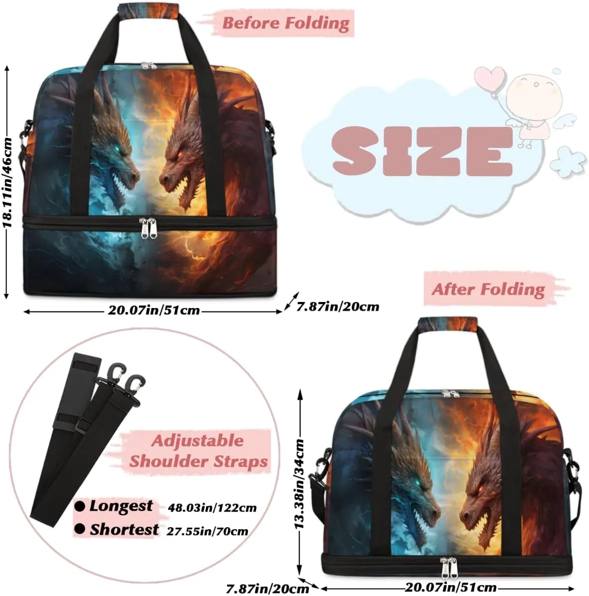 Dragon Fire and Water Foldable Travel Duffel Bag Overnight Weekender Bag with Shoes Compartment Sports Gym Bag for Men Women