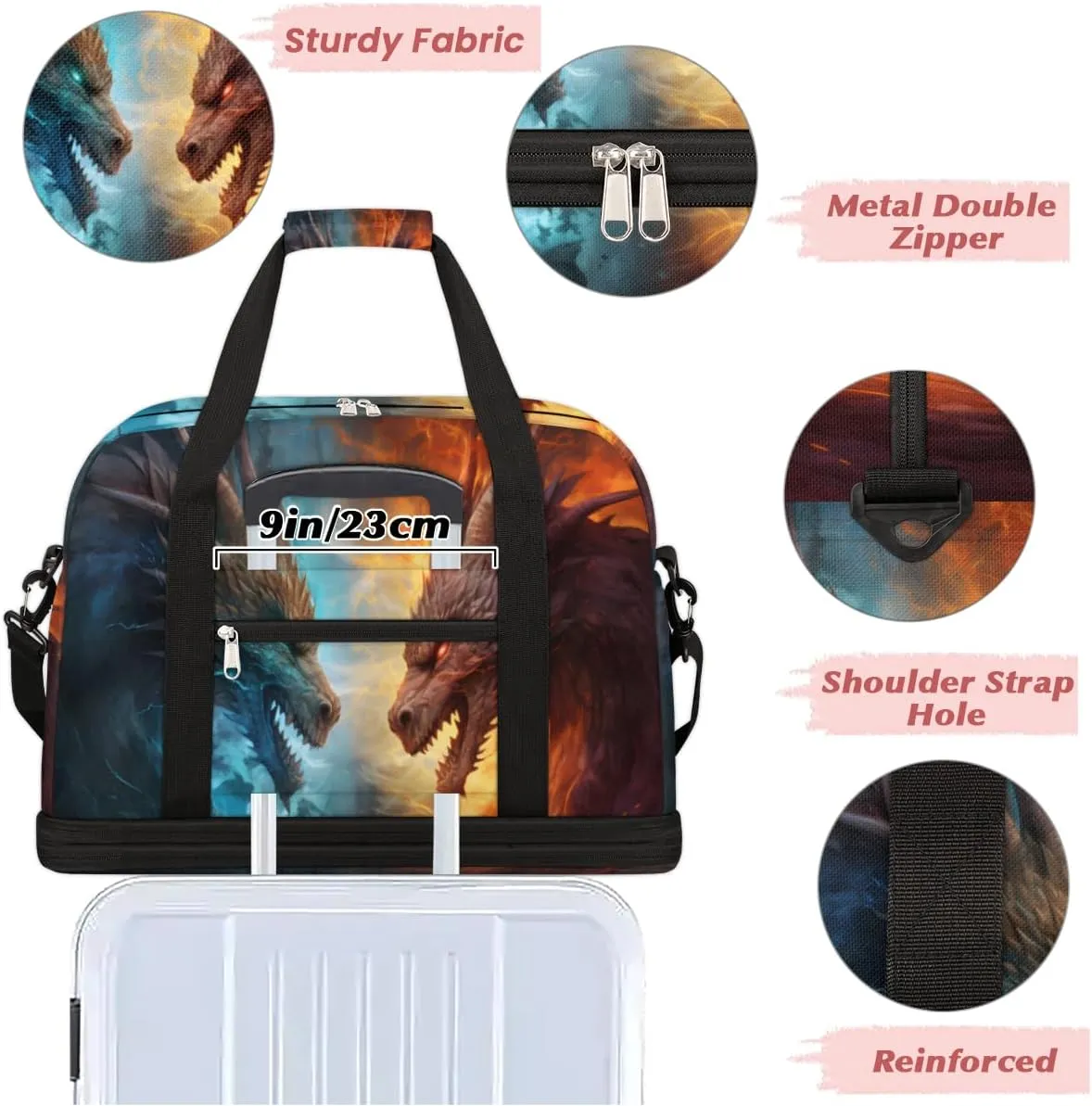 Dragon Fire and Water Foldable Travel Duffel Bag Overnight Weekender Bag with Shoes Compartment Sports Gym Bag for Men Women