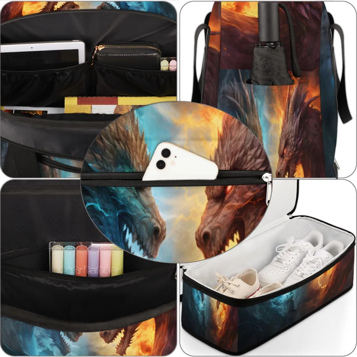 Dragon Fire and Water Foldable Travel Duffel Bag Overnight Weekender Bag with Shoes Compartment Sports Gym Bag for Men Women