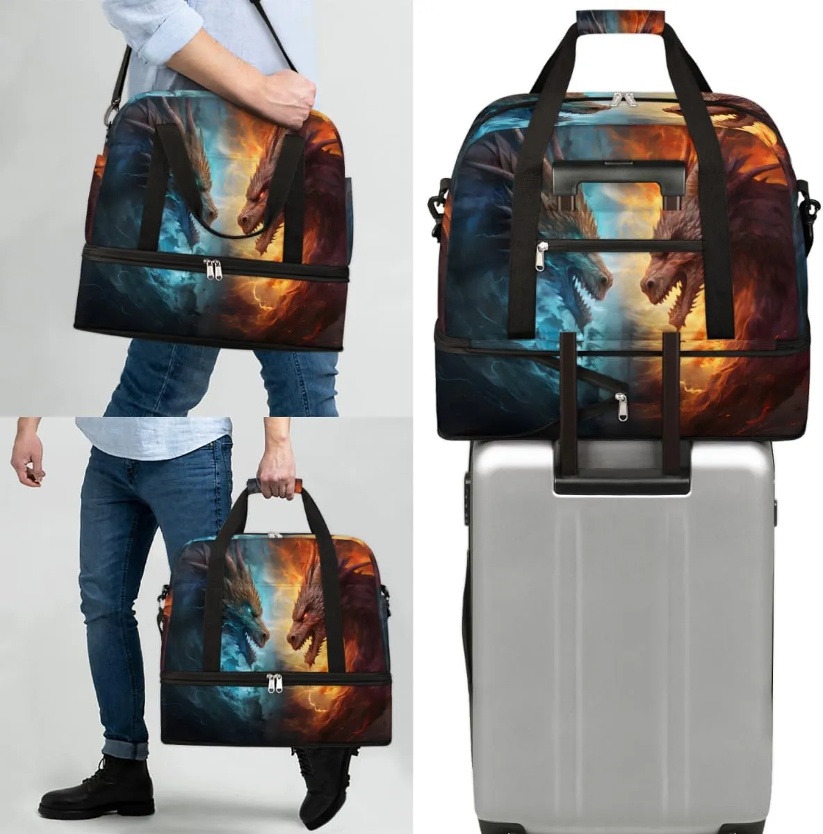 Dragon Fire and Water Foldable Travel Duffel Bag Overnight Weekender Bag with Shoes Compartment Sports Gym Bag for Men Women