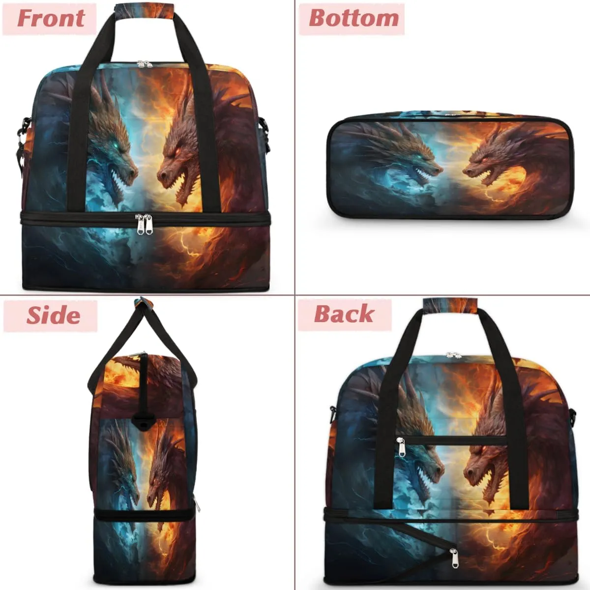 Dragon Fire and Water Foldable Travel Duffel Bag Overnight Weekender Bag with Shoes Compartment Sports Gym Bag for Men Women