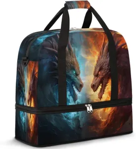 Dragon Fire and Water Foldable Travel Duffel Bag Overnight Weekender Bag with Shoes Compartment Sports Gym Bag for Men Women
